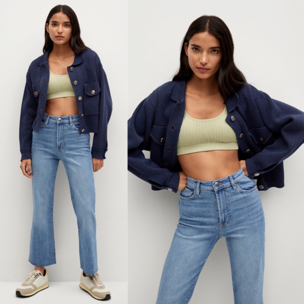 MANGO Jeans Blue Cropped Flared Raw Hem with Pockets